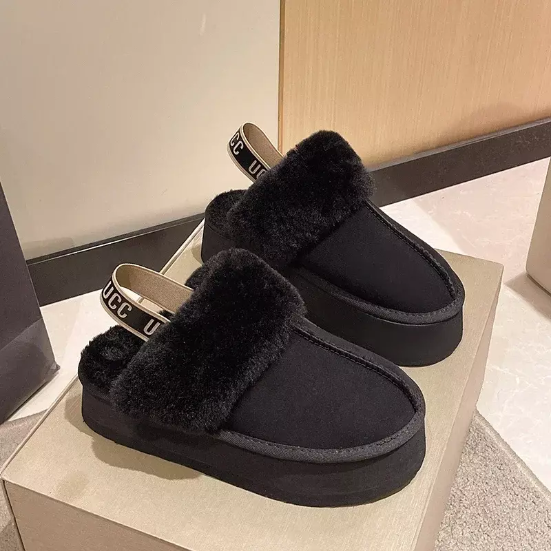 2023 New Leather Women Fashion Winter Indoor Solid Color Suede Fur Slippers Ladies Home Platform Warm Slip-on Women’s Shoes