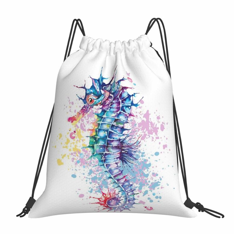 Watercolour Artwork Of Sea Horse Backpacks Drawstring Bags Drawstring Bundle Pocket Sundries Bag Book Bags For Man Woman School