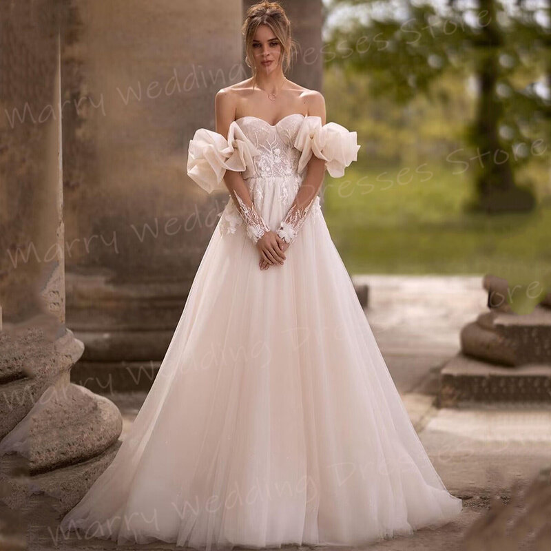 Gaun pengantin wanita garis A Modern indah applique renda gaun pengantin punggung terbuka menawan 3D bunga Vestidos De Novia Lujo