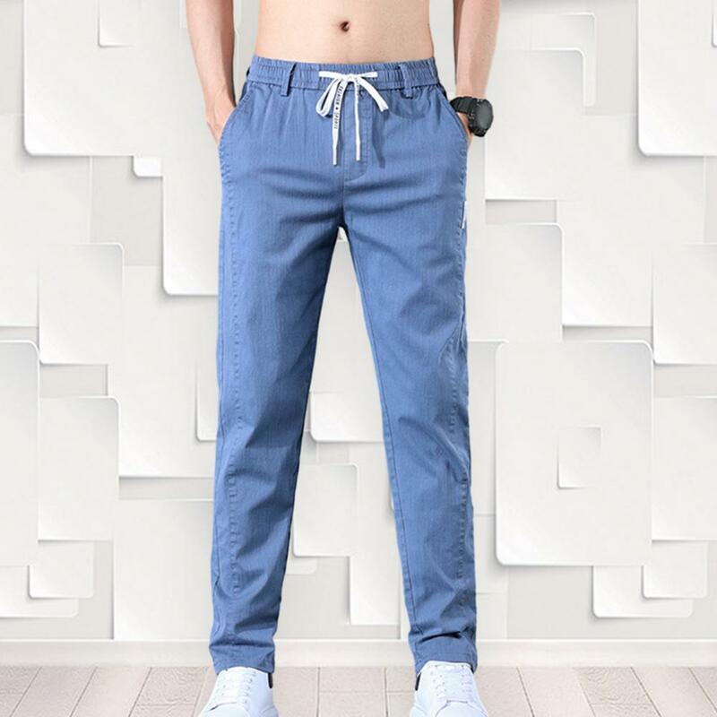 Spodnie z prostymi nogawkami dla mężczyzn ze sznurkiem spodnie męskie elastyczne dopasowane obcisłe spodnie w talii z kieszeniami miękkie na co dzień