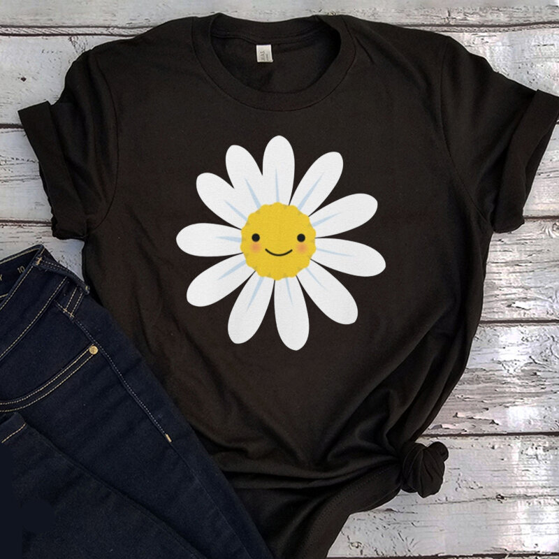 Letnia koszulka damska klasyczny uroczy kwiat list drukuj kobiece koszulki z krótkim rękawem Casual stylowe topy Vintage Tees