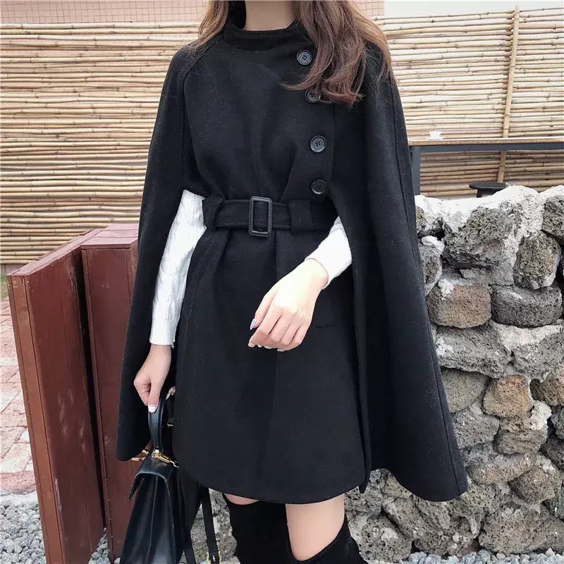 Women Winter Tops Korean Solid Color Collect Waist Cape Coats Woman New Style Khaki Black ElegantWoolen Loose Medium Long Coat