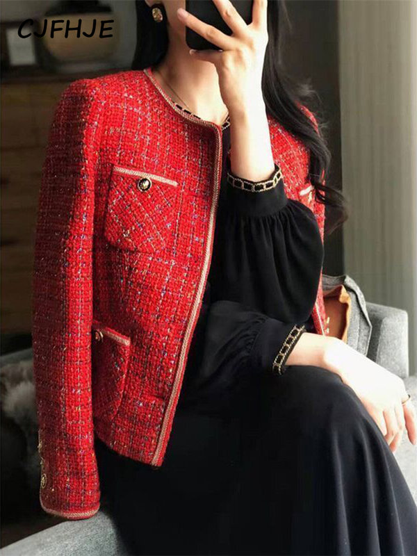 CJFHJE czerwone tweedowe blezery damskie nowe jesienno-zimowe luźne jednorzędowy garnitur z okrągłym dekoltem damskie koreańskie eleganckie płaszcze damskie