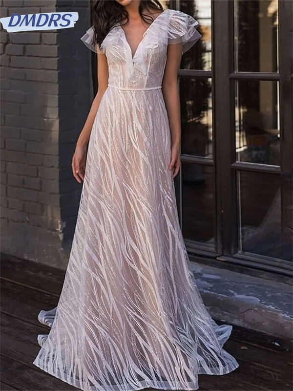 Gaun Prom A-Line Tulle klasik 2024 gaun malam lengan pendek mengkilap yang menawan gaun panjang lantai Vestidos De Novia