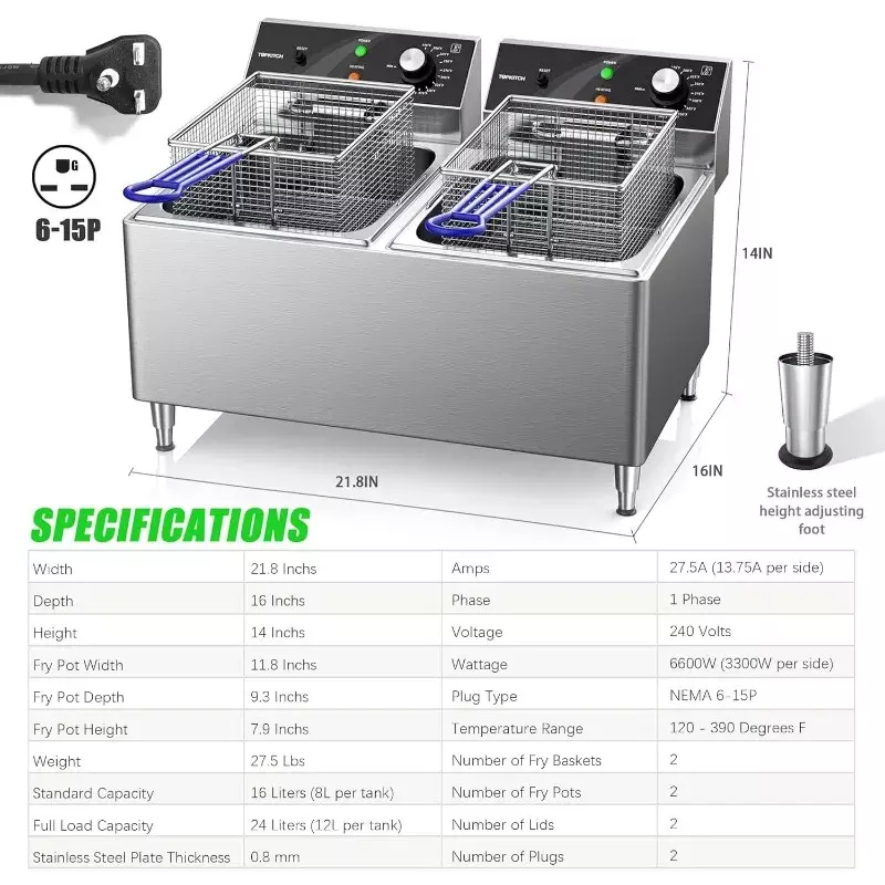 Deep fryer Commercial Deep Fryer 12Lx2 Dual Tank Electric Deep Fryers with 2 Frying Baskets,3300W x 2, 240V Two 6-15 Phase Plugs