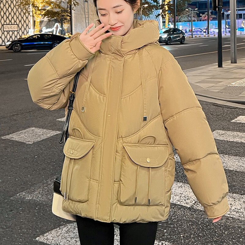 여성용 파카 다운 코튼 코트, 루즈 후드, 두껍고 따뜻한 재킷, 패딩 학생 패션, 빵 아우터, 가을, 겨울, 2024