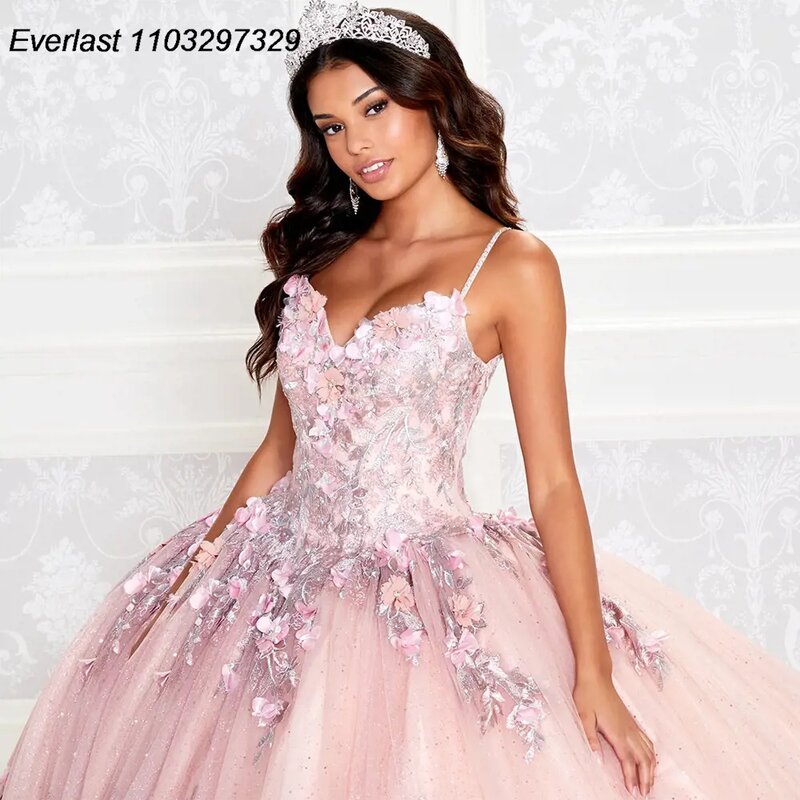 EVLAST-Vestido De quinceañera rosa brillante, Vestido De baile, apliques De encaje Floral 3D, cuentas con capa, dulce 16, 15 años, TQD359