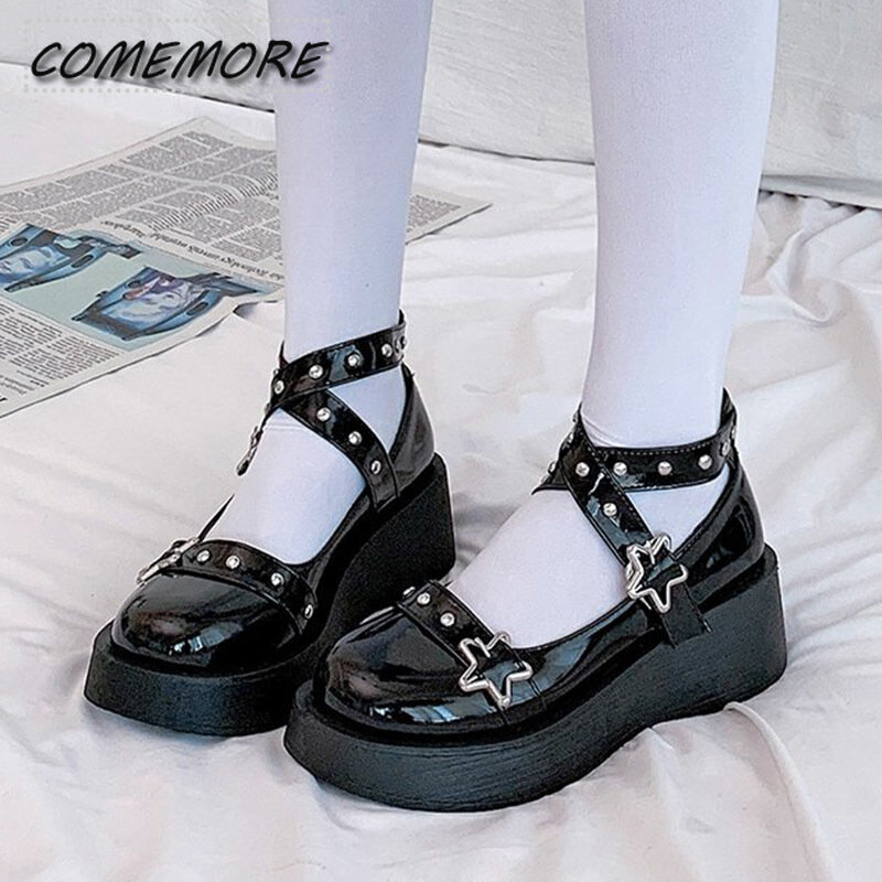 Casual Shoes Platform Thick Bottom Round Head Lolita Women's Black Fashion Mary Janes Cross-tied Star Buckle Ladies Shoes Spring