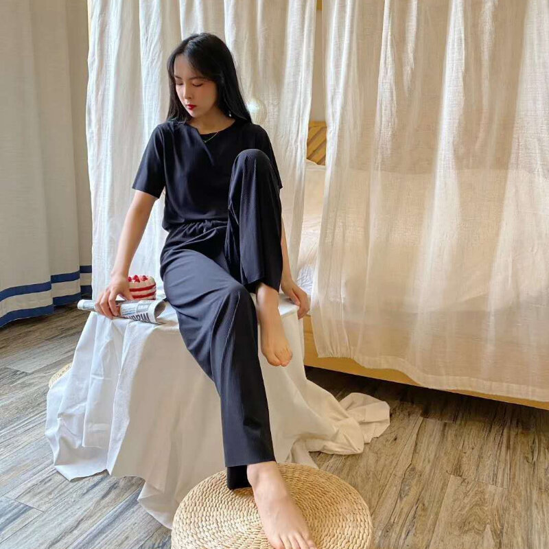Conjunto de pijamas de manga corta para mujer, ropa de dormir de dos piezas, camiseta y pantalón, traje elegante coreano suave, Verano