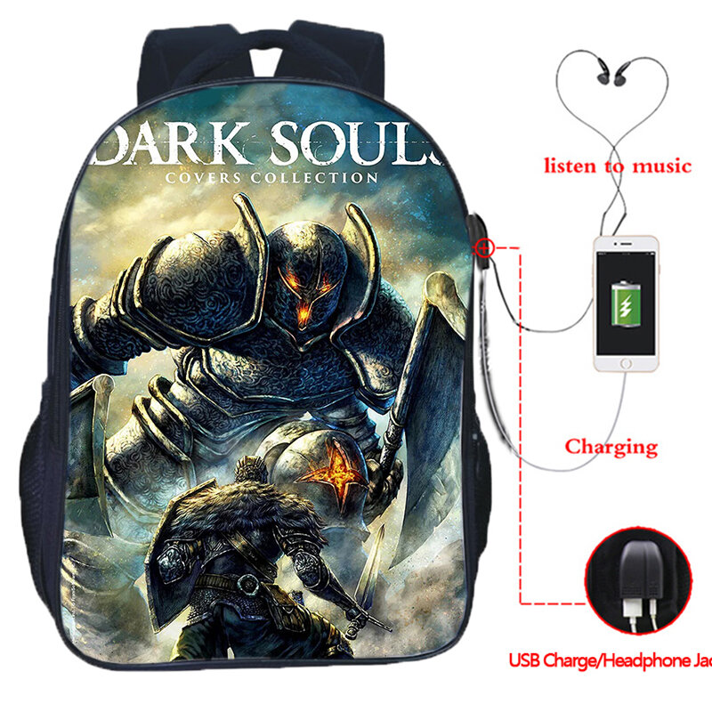 USB Charge Student Backpacks Fashion Laptop Backpack Dark Soul Print School Bags for Teenage Boys Cool Game Pattern Schoolbag