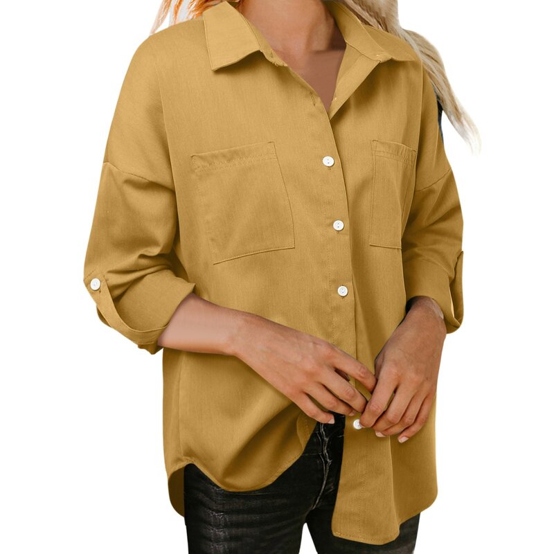 Camisa casual de manga longa feminina, casaco solto com bolso, sobretudo monocromático, tops femininos, elegante, simplicidade