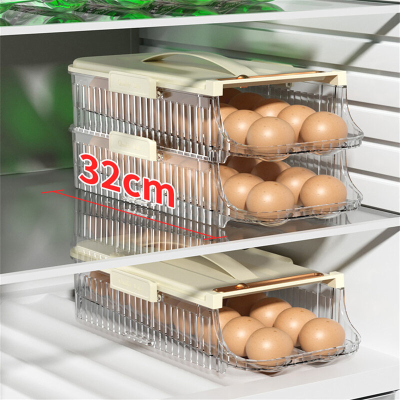 กล่องเก็บไข่ถาดจัดระเบียบพลาสติกอุปกรณ์ครัวภาชนะสไลด์แบบม้วนถาดใส่ตู้เย็นหลายชั้น