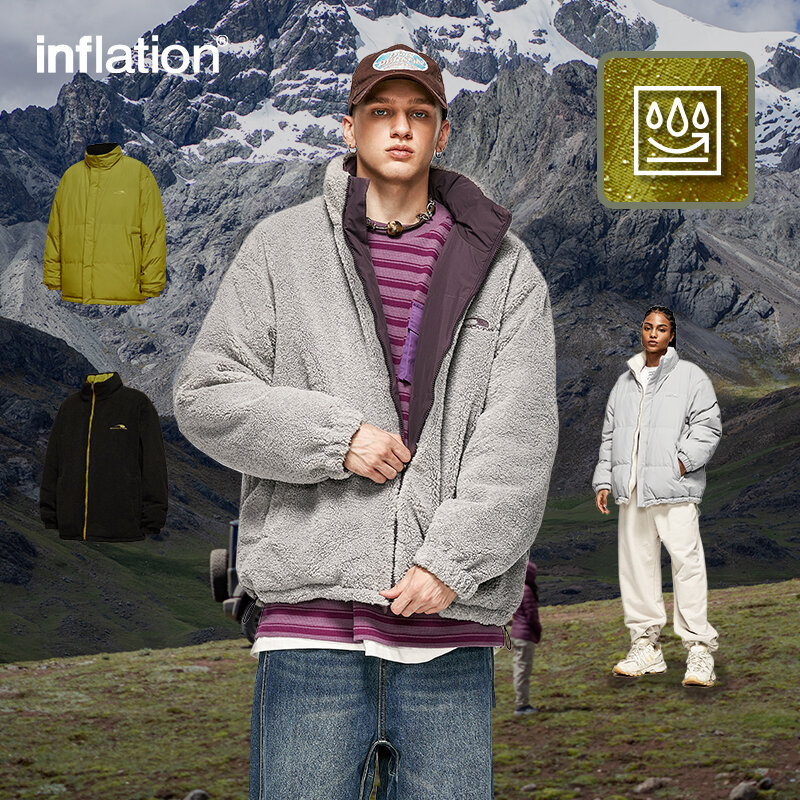 INFLATION Winter Thick Warm Reversible Lambswool Jacket Unisex Stand Collar Polar Fleece Cotton Padded Coat