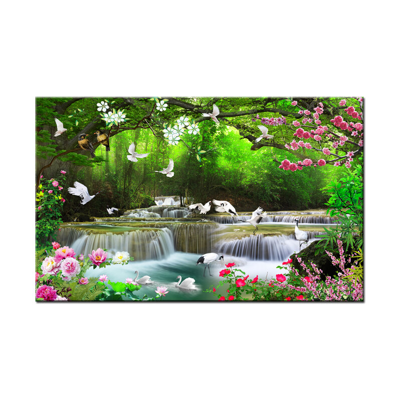 Wall Art Canvas Print Painting Forest Waterfall Landscape Nature Flowers HD Picture Living Room Home Decor HYS2018
