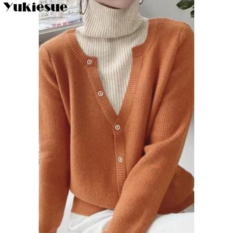 Suéter feminino falso casual de duas peças, pulôver coreano, malhas macias mais veludas, gola simulada, jumper quente espesso, tops de outono