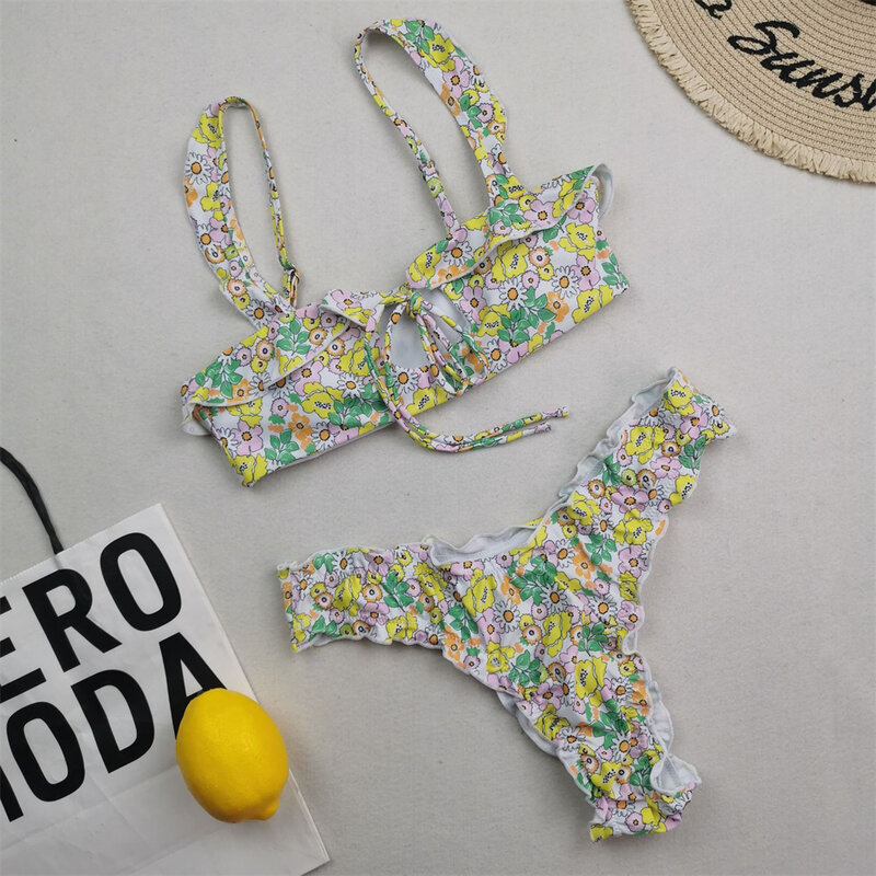 Mooie Gebloemde Bikini Ruches Holle String Bikini Sets Badpak String Badmode Vrouwen Tweedelige Strand Badpakken