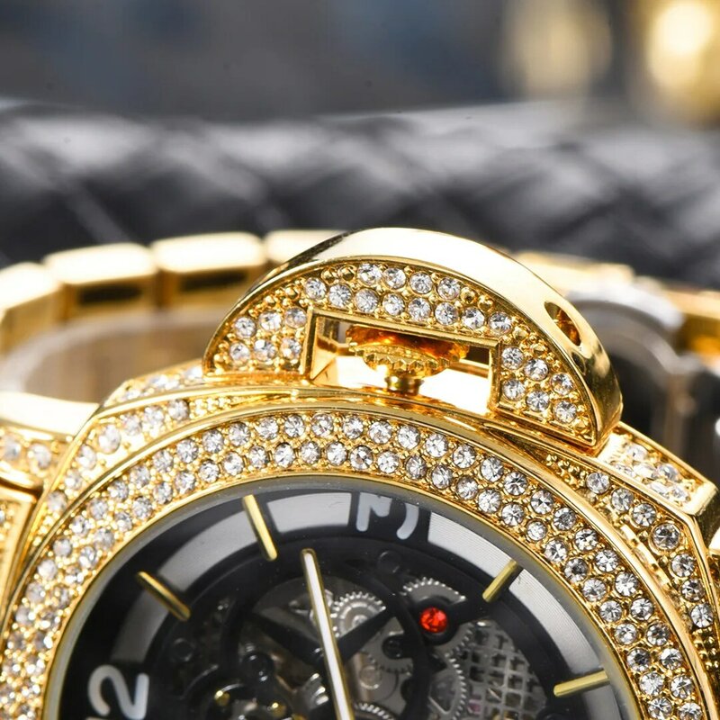 Iced Out Diamonds Watches for Men Skeleton Tourbillon Automatic Mens Watches Set Cuban Chain Mechanical Wristwatch Gold Relogio