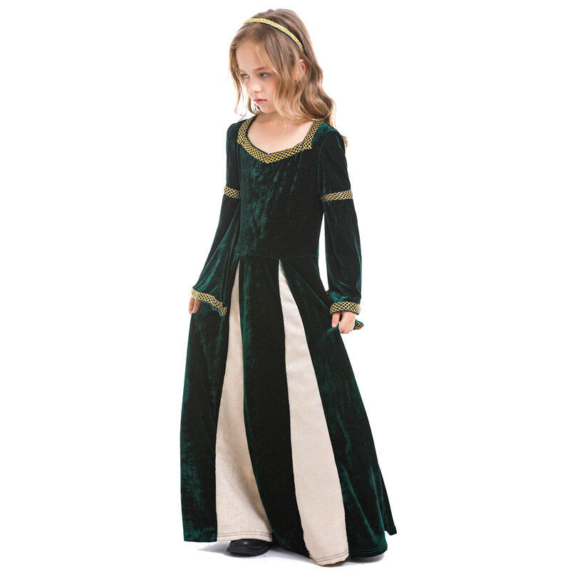 Robe Longue à Manches Volantes pour Fille, Vêtement Médiéval Renaissance pour Enfant, Scène de brevet Gelsong, Vert Foncé
