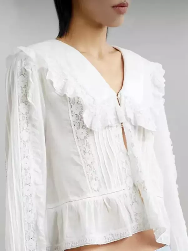 Blusa de algodón con encaje para mujer, camisa informal de manga abombada con cuello Peter Pan, 2024
