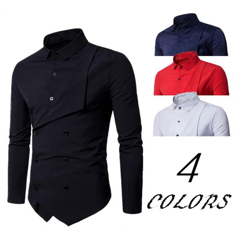 Double Breasted Lapel Fake Two Pieces Men Shirt Solid Color Long Sleeve Work Shirt Chef Shirt FoRmal Business Blazer Shirts