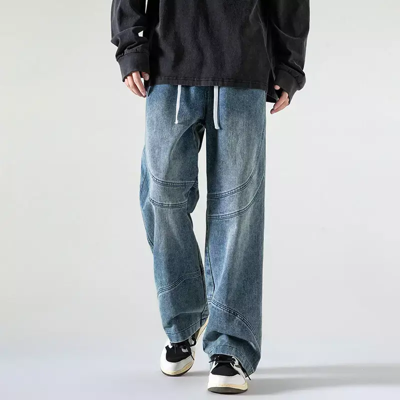 Calça jeans larga lavada para homens, calça jeans grande masculina, calça de perna larga, streetwear casual, cordão hip-hop, Harajuku, novo, 2022