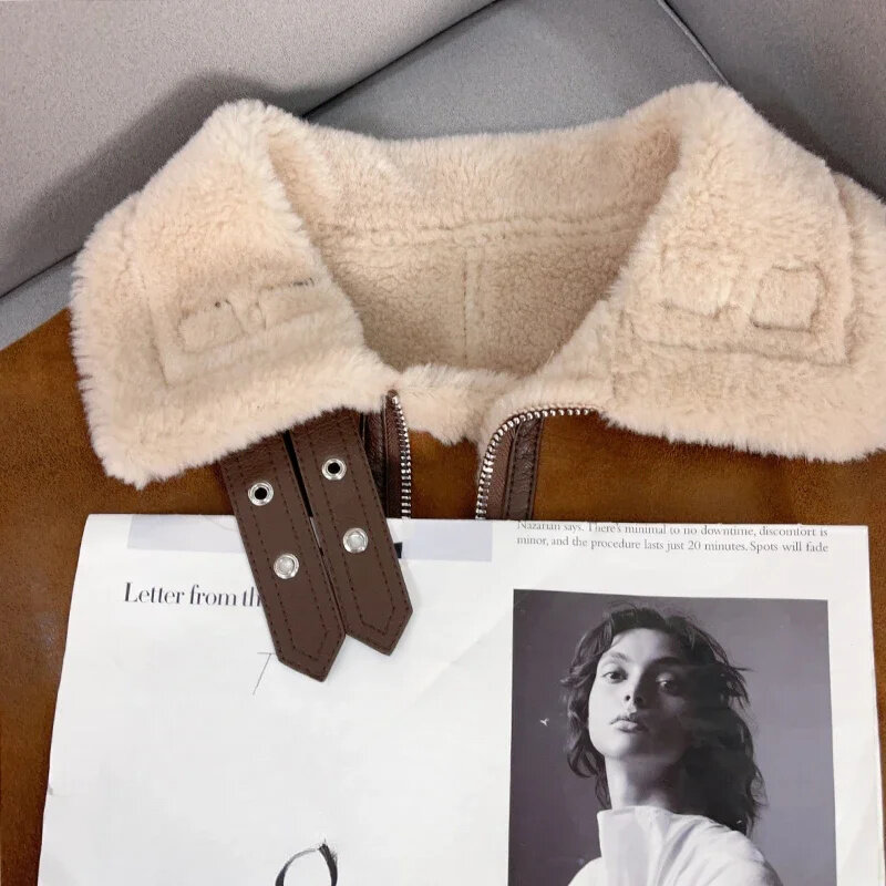 AYUNSUE-Jaqueta feminina de tosquia de ovelha, casaco curto de lã, roupa feminina, Casacos para motociclos, Inverno, 2022