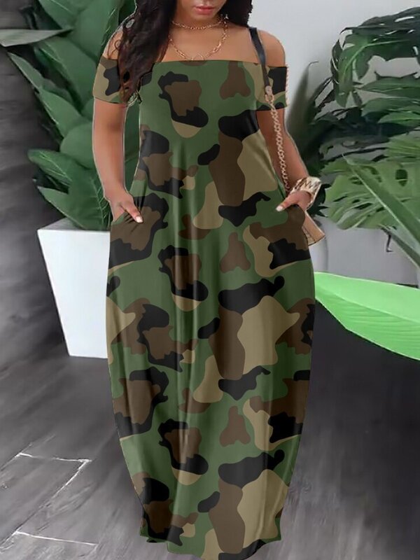 LW Bateau Neck Camo Off The Shoulder Maxi Dresses Short Sleeve Floor Length Camouflage Casual Summer New Women Clothings