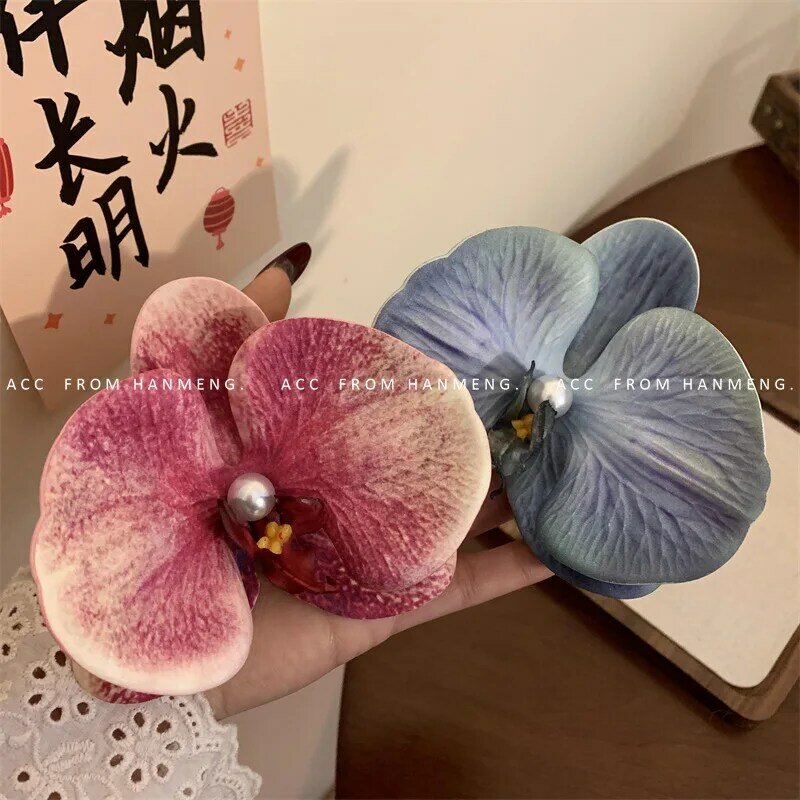 Gradient kolorowy Phalaenopsis perła duża spinka do włosów 2024 Vintage nowy chiński styl sztuczne kwiaty spinka do włosów akcesoria