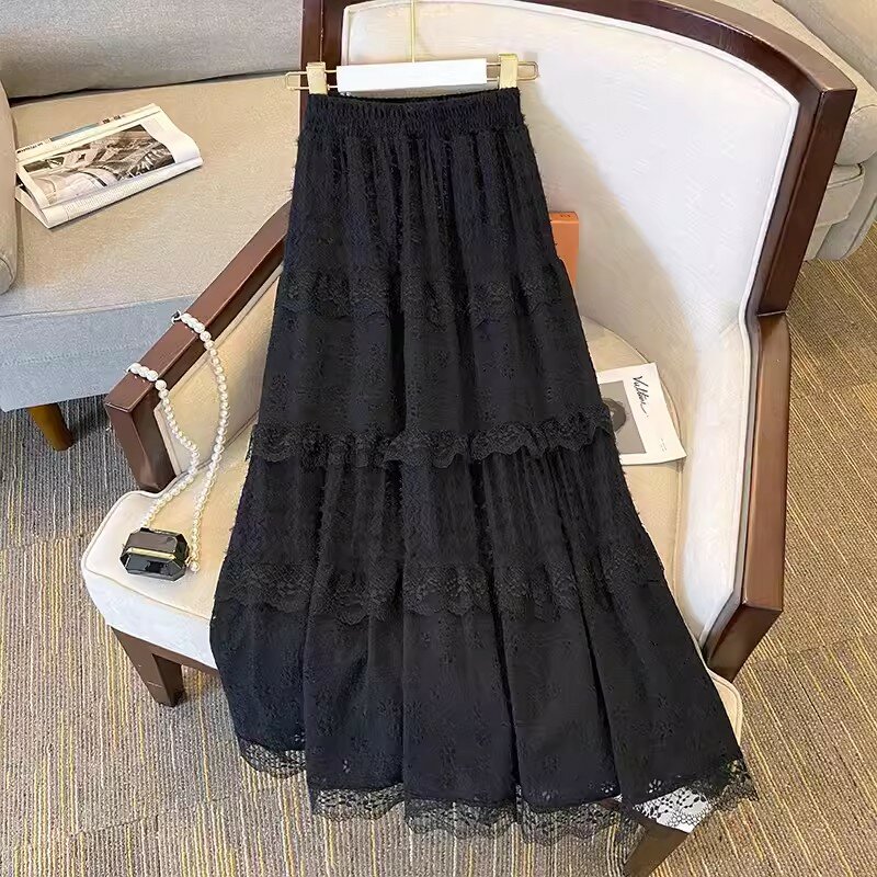 Fashion Lace Tulle Skirts Womens 2024 Summer Elastic High Waist Mesh Skirts Long Pleated Tutu Skirt Female Jupe Longue
