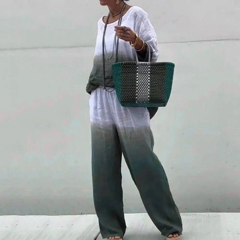 Женская домашняя одежда для отдыха, комплект из топа и брюк контрастных цветов с круглым вырезом, футболка с длинным рукавом и широкие брюки для повседневного ношения