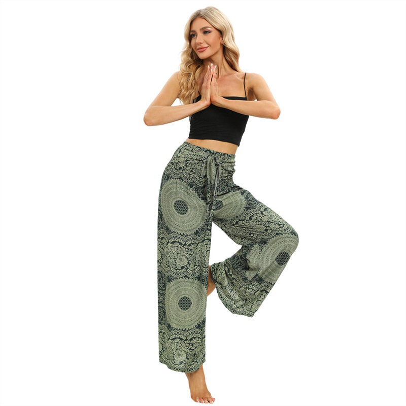 2024 damskie spodnie do jogi Boho z nadrukiem z szerokim Vintage, w kwiaty nogawkami długie spodnie elastyczny, wysoki talii damskie na zewnątrz ubrania domowe