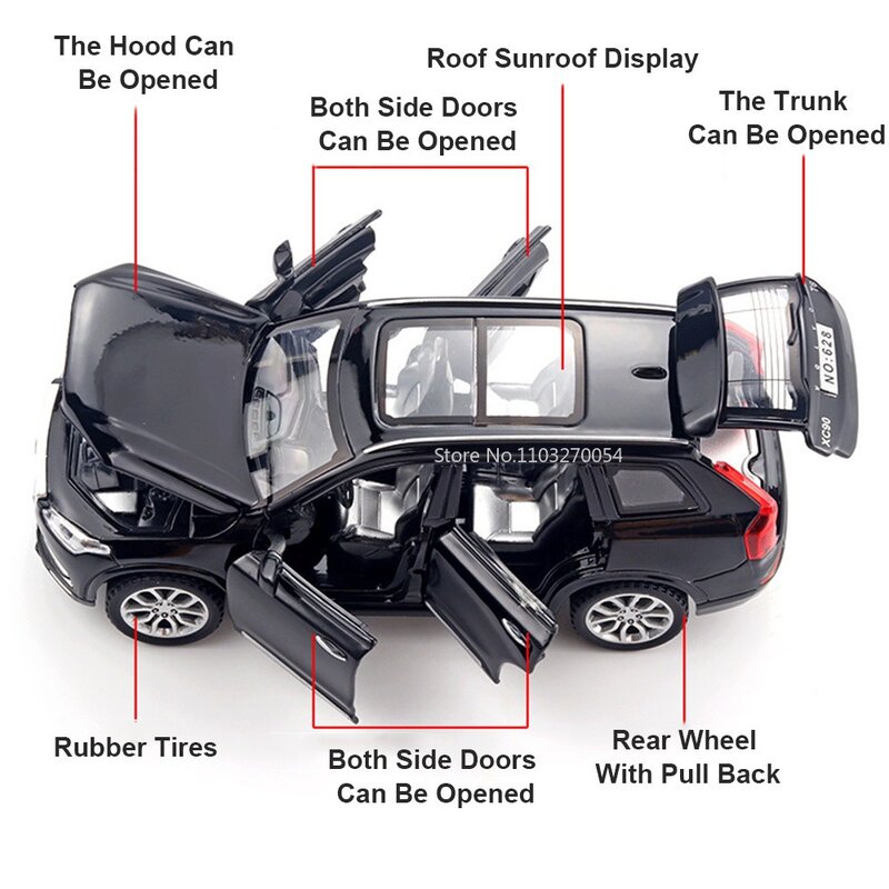 Alloy Car Model Diecast Toy para crianças, Metal de alta simulação, luz e som com 6 portas abertas, coleção de veículos puxados, 1/32 XC90