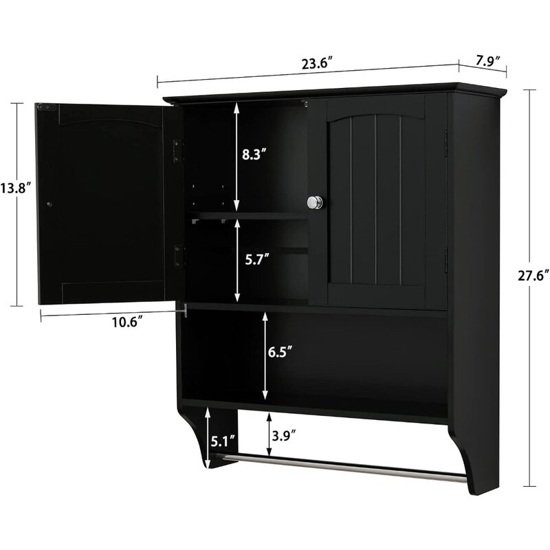 Szafka ścienna do łazienki z drzwiami i regulowana półka, szafka łazienkowa do montażu na ścianie, szafka na leki do łazienki, czarny, drewno
