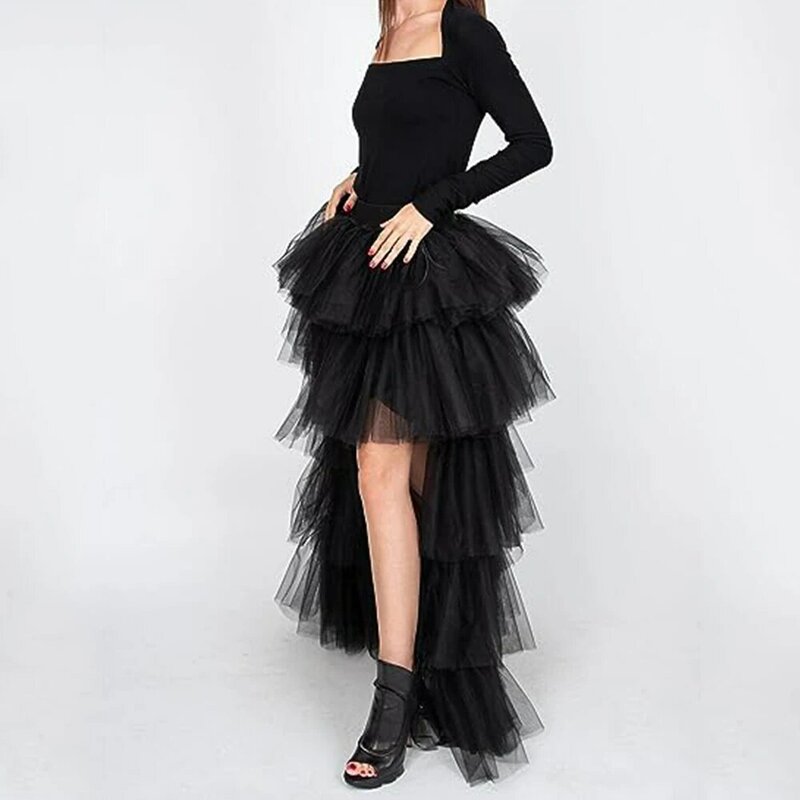 Women's High Low Maxi Tutu Skirts Elastic Waist Jupon Tulle Layered Fluffy Princess Special Occasion Wedding Party Skirt