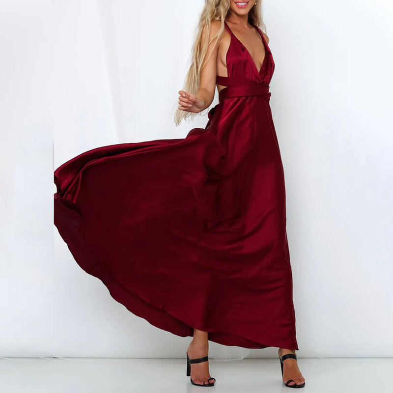 Satin Elegance Women's Ball Gown V neck Evening Wear with Multi Way Wrap Design Maxi Dress Suitable for Formal Occasions