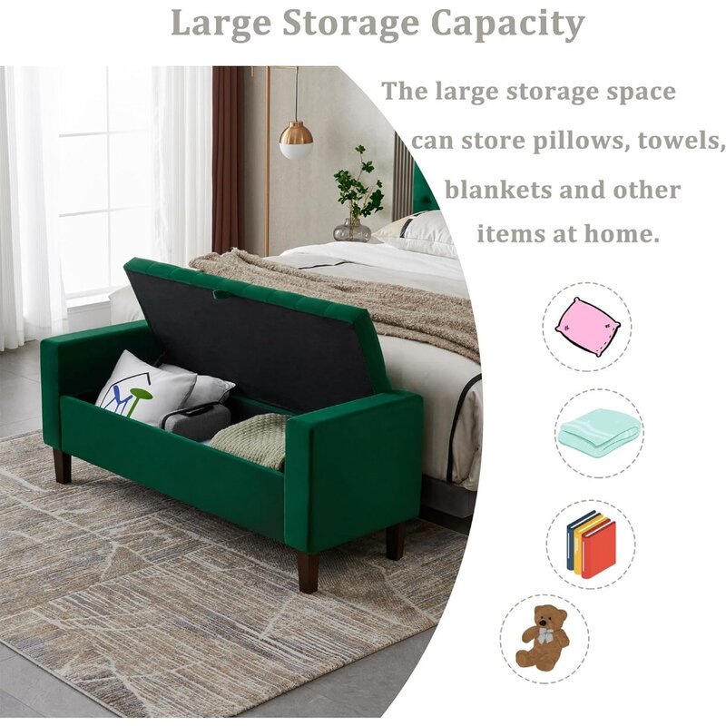 Befurtori Upholstered Storage Ottoman, Button-Tufted Entryway Bench with Solid Wood Legs, Velvet Storage Bench for Bedroom End