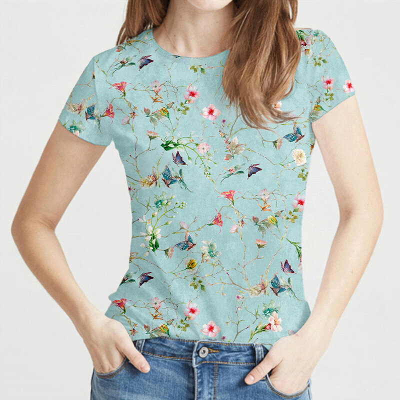 Camiseta con estampado Floral en 3d para mujer, Top informal con cuello redondo para mujer, Tops Harajuku para niña, ropa de calle de manga corta, ropa de moda
