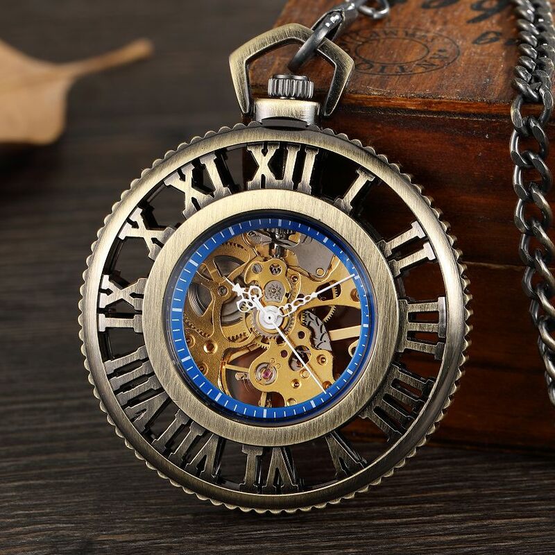 Reloj de bolsillo mecánico para hombre, reloj de cristal transparente con números romanos, mecanismo Manual Retro negro, colgante