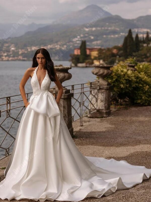 Sexy Solid V-Neck Women Wedding Dresses Simplicity Bright Satin Surface Fluffy A-Line Gowns Mopping Length Princess Vestidos De