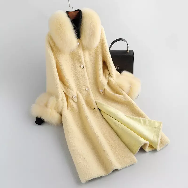 Jaqueta feminina de lã 100% genuína, casaco de gola de pele de raposa, jaqueta feminina quente para outono e inverno, abrigos de roupas femininas zjtartigos