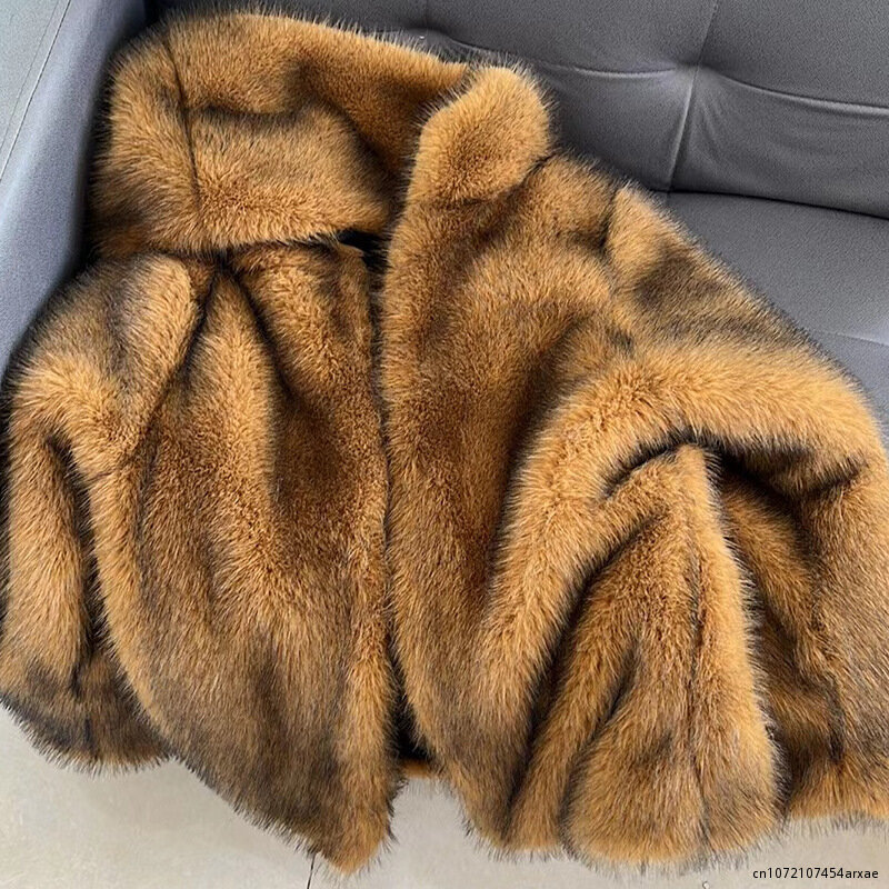 Abrigo con capucha de piel de zorro sintética gruesa para mujer, chaqueta cálida de longitud media, abrigo suelto y cálido, moda de invierno
