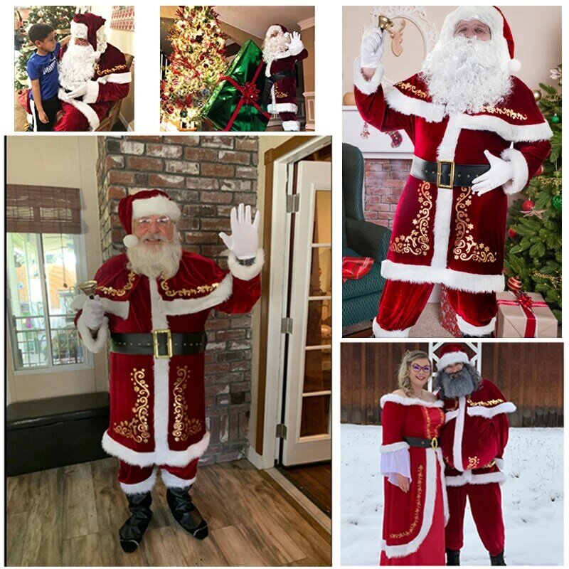 Disfraz de Papá Noel de lujo para hombre y mujer, traje de Navidad para pareja, ropa de Papá Noel de terciopelo, conjuntos para adultos