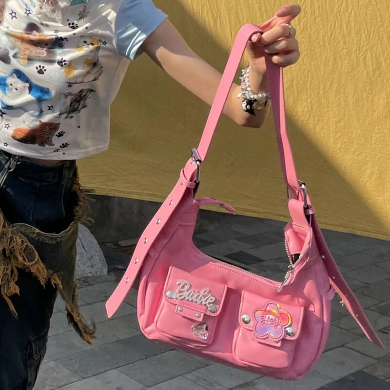 MINISO Barbie 2024 torby na ramię modne w stylu Moto gotycka Spice Girls torba Crossbody indywidualność Subculture Vintage PU Sac Y2K