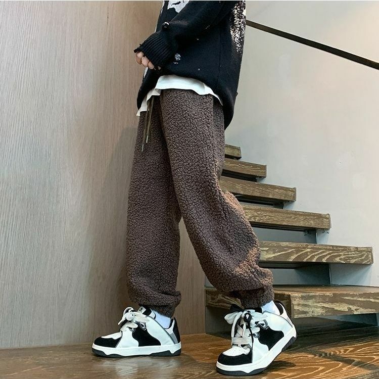 Lamb wool sweatpants men's autumn and winter new style velvet thickening trendy brand loose sports casual pants mens pants y2k