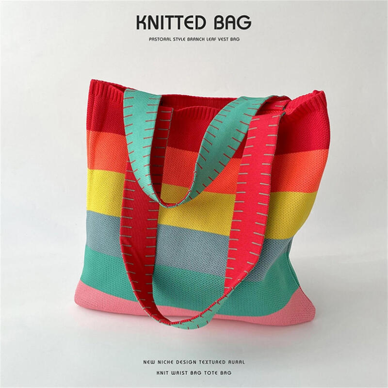 Korean Fashion Large Handwoven Shoulder Bag Rainbow Contrast Color Striped Tote Bags for Women Girls Outdoor Causal Shopping Bag