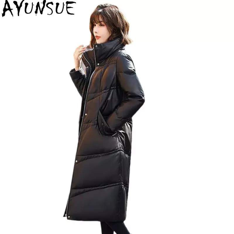 AYUNSUE-Chaqueta de piel auténtica para mujer, abrigos largos de plumón con cuello levantado, abrigo informal de piel de oveja auténtica, alta calidad, invierno, 2023
