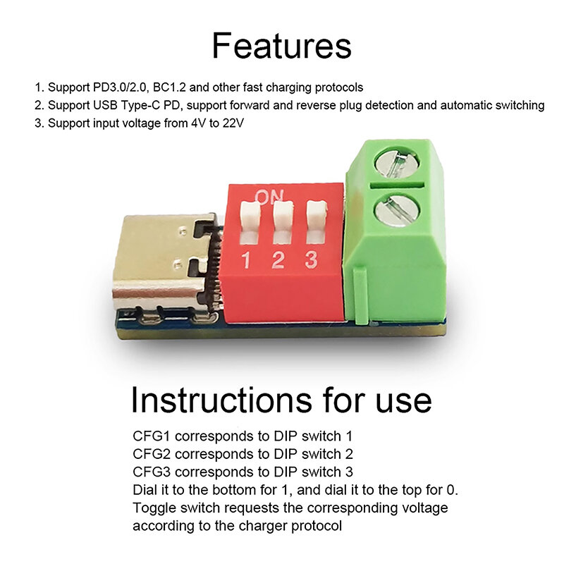 Papan uji pengisian cepat PD 5-20v modul papan pemicu PD yang dapat disesuaikan Aksesori catu daya Connetor voltase 100W USB tipe-c