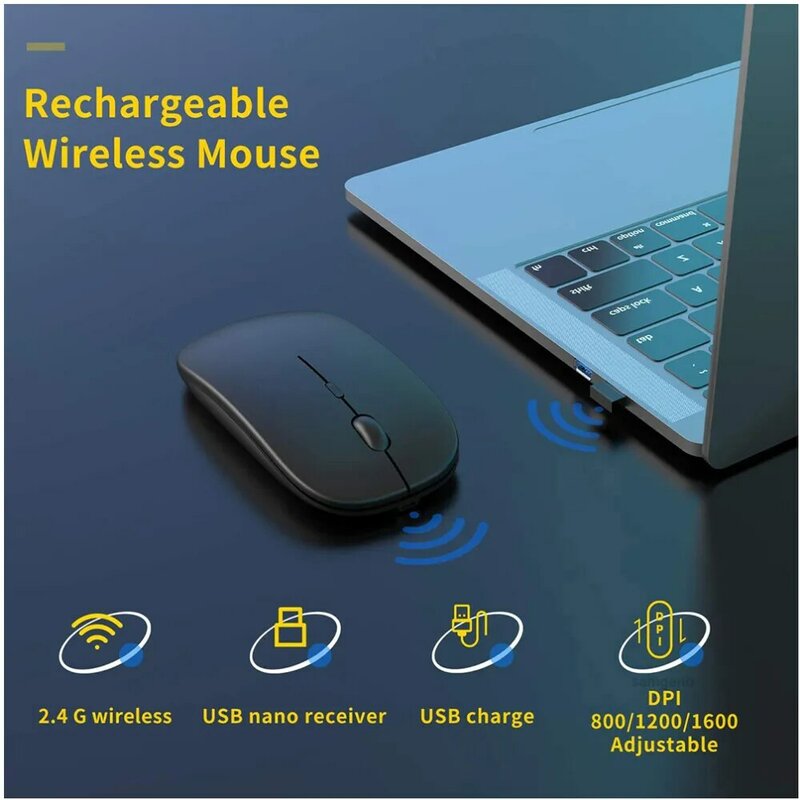 Mouse nirkabel, Mouse 2.4G tanpa kabel, dapat diisi ulang daya Mini ramping untuk komputer Laptop dan kantor