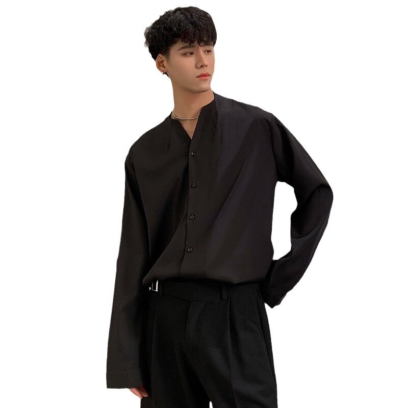 Camisas sin cuello de alta gama para hombres, camisa de seda de hielo drapeada de moda, manga larga, botón informal de Color sólido, camisa coreana