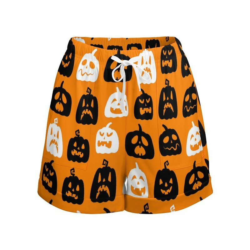 Happy Haunts-Shorts grandes para senhoras, abóboras de Halloween, Street Wear, cintura alta, calça curta sexy, fundo design, preto e branco